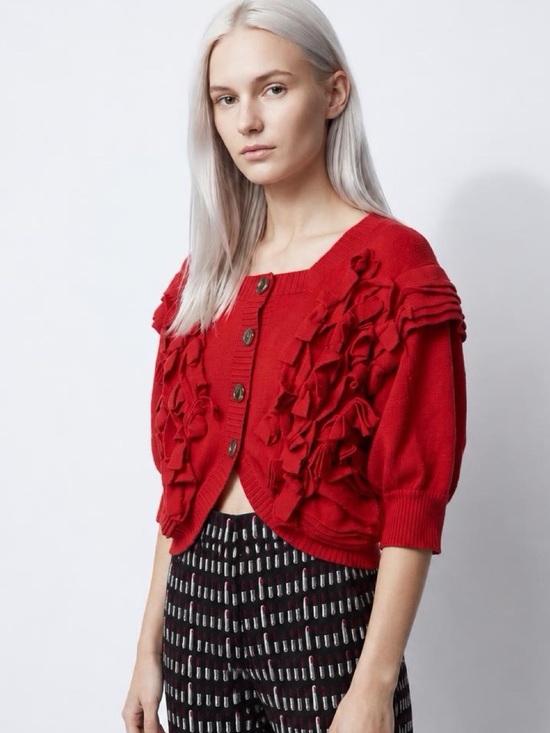 Comme des Garcons Sweaters - Comme des Garcons Tao VTG Wool Ruffle Cropped Cardigan, red, M, GUC